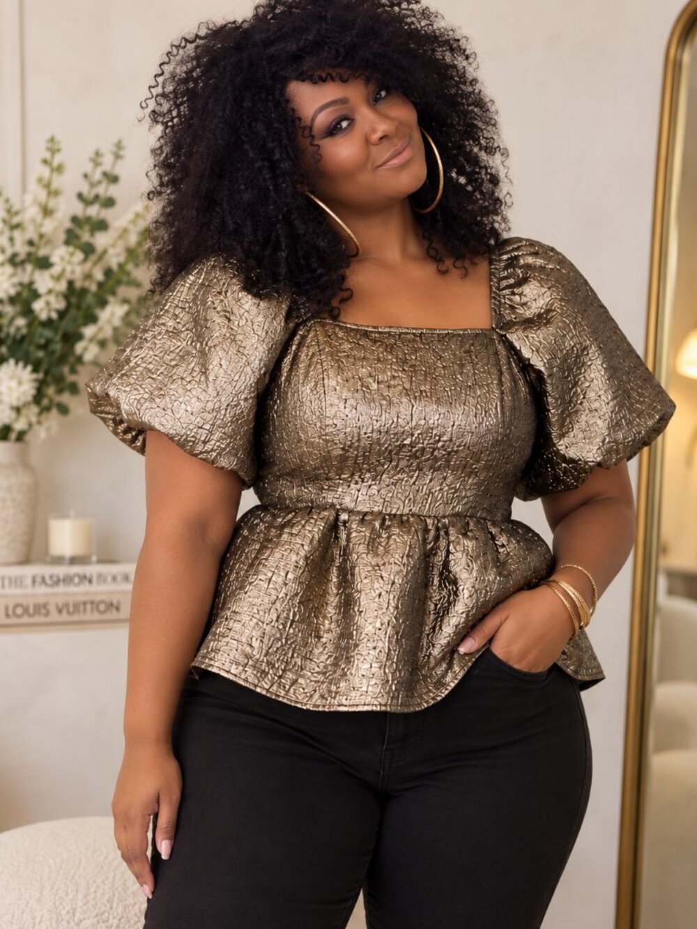 LC Lauren Conrad Gold Top Blouse Peplum Metallic Glam NYE Party Women's XXL 2XL